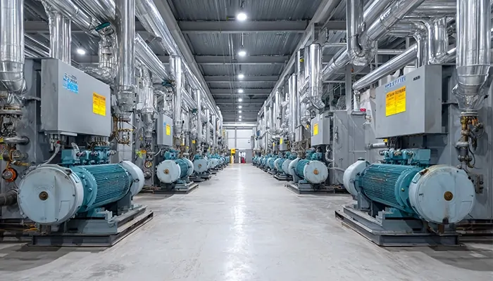 سالن تجهیزات پیشرفته با کمپرسورهای صنعتی در حال کار که نیازمند روغن صنعتی برای روانکاری و خنک‌کاری هستند