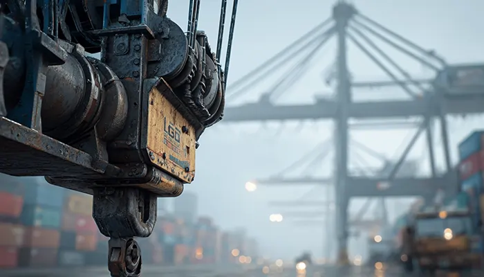 تصویر جرثقیل بندری در حال بارگیری کانتینرها با استفاده از روغن صنعتی برای نگهداری تجهیزات سنگین