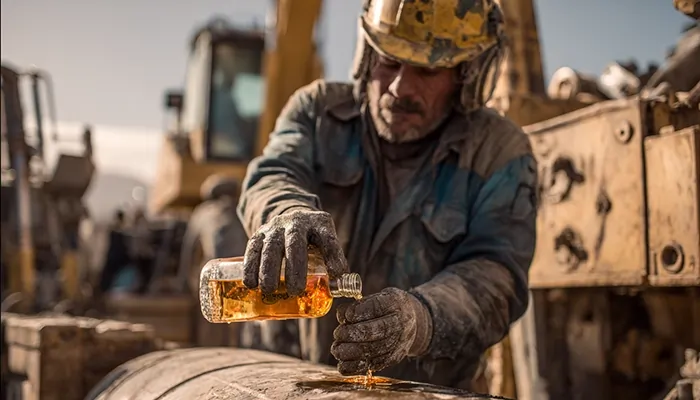 کارگر صنعتی در حال ریختن روغن صنعتی روی قطعات سنگین برای افزایش طول عمر تجهیزات معدنی