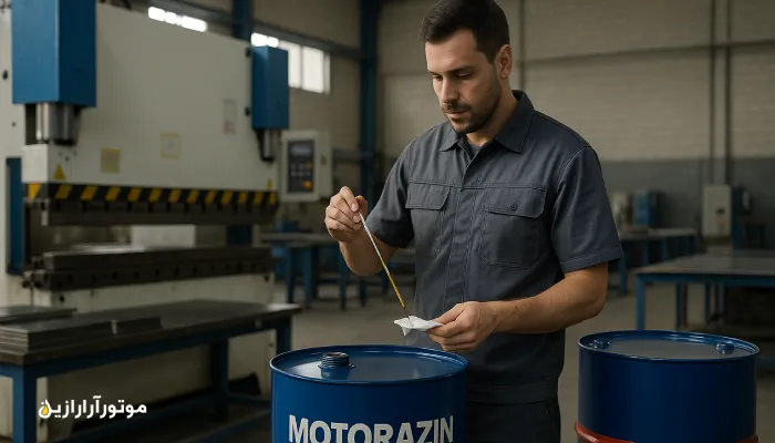 تکنسین در حال بررسی سطح روغن هیدرولیک در کارگاه پرس فلزی شهر صنعتی الوند با بشکه آبی موتورازین. روغن صنعتی الوند