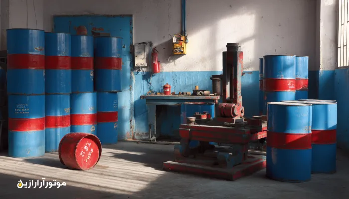 سردخانه و پمپ‌های آبیاری در حاشیه میامی با تکنسینی که سطح روغن را بررسی می‌کند و بشکه‌های موتورازین در پس‌زمینه.. روغن صنعتی میامی