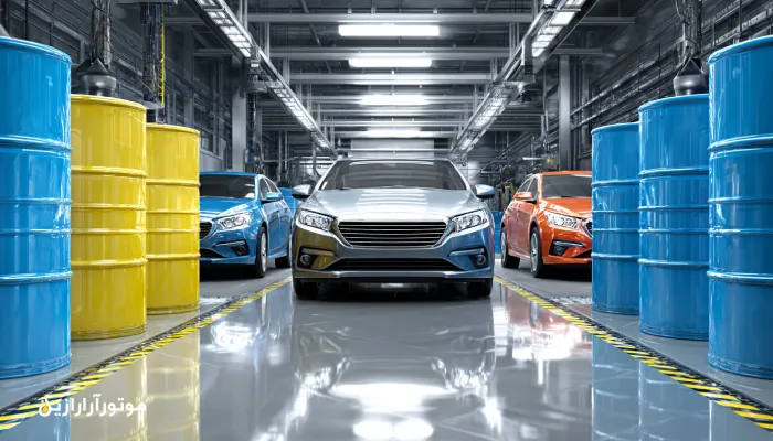آزمایشگاه تست سوخت با سه خودرو و بشکه‌های آبی موتورازین در پس‌زمینه برای مقایسه روغن‌های مختلف.