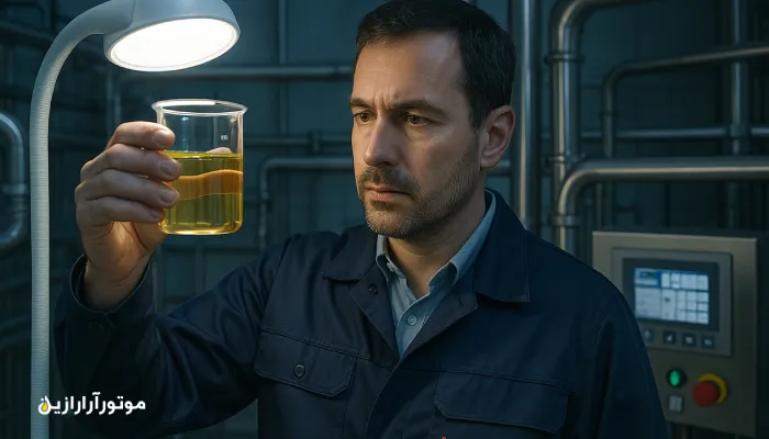 کارشناس فنی موتورازین در حال بررسی نمونه روغن صنعتی شفاف در کارخانه شهرک لیا قزوین. روغن صنعتی قزوین