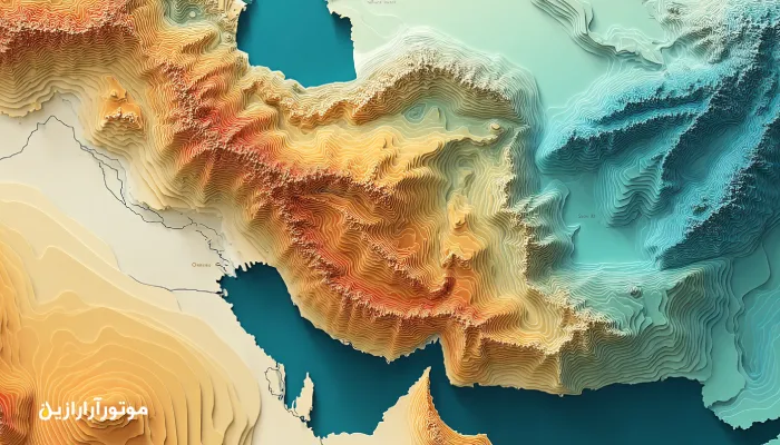 نقشه واقعی و دقیق ایران با نمایش نواحی سرد، معتدل و گرم و گریدهای پیشنهادی روغن موتور (۰W-۳۰، ۵W-۳۰، ۱۰W-۴۰) برای هر اقلیم – طراحی برند موتورازین با طیف رنگی آبی تا قرمز. انتخاب روغن موتور