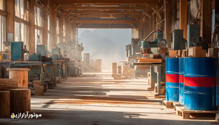 کارگاه چوب‌بری در کلاردشت با مه صبحگاهی، اره‌های صنعتی فعال و بشکه‌های آبی موتورازین با نوار قرمز در گوشه تصویر؛ ترکیب واقع‌گرایانه و نور طبیعی کوهستان. روغن صنعتی کلاردشت