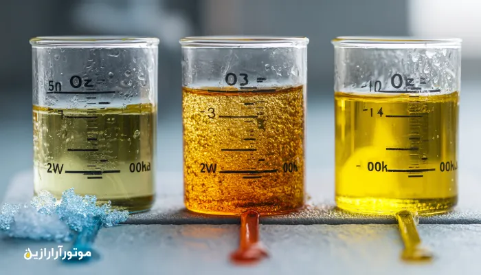 تصویر مقایسه ویسکوزیته روغن‌های 0W-20، 5W-30 و 10W-40 در شرایط سرد، معتدل و گرم – نمایش تفاوت جریان روغن و رفتار دمایی در راهنمای موتورازین. انتخاب روغن موتور