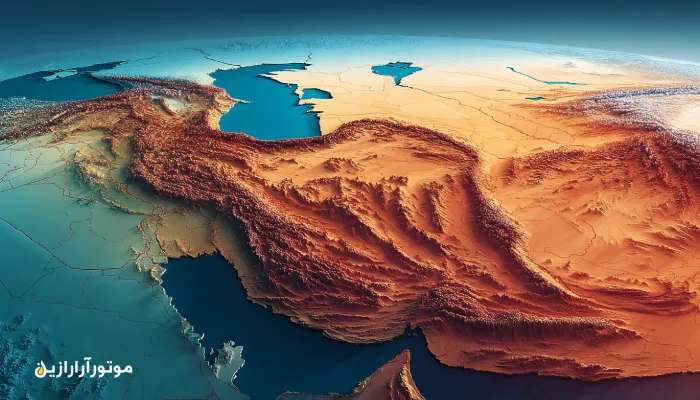 نقشه واقعی ایران با نمایش اقلیم‌های سرد، معتدل و گرم و گریدهای پیشنهادی روغن موتور (۰W-۳۰، ۵W-۳۰، ۱۰W-۴۰) در مناطق مختلف کشور – طراحی آموزشی برند موتورازین.