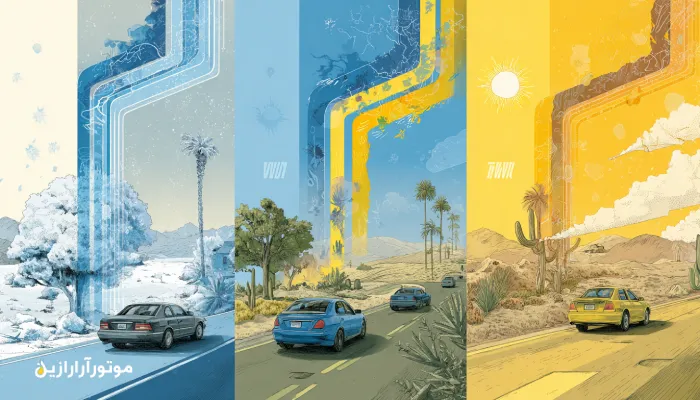 تصویر آموزشی از تطبیق ویسکوزیته روغن موتور با دماهای سرد، معتدل و گرم – نمایش گرافیکی رفتار روغن‌های ۰W-۳۰، ۵W-۳۰ و ۱۰W-۴۰ در اقلیم‌های مختلف ایران با طراحی موتورازین.