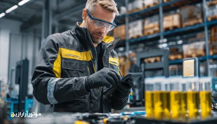 کارشناس فنی و پشتیبانی موتورازین در حال بررسی نمونه روغن موتور در آزمایشگاه و کنترل کیفیت محصولات روانکاری