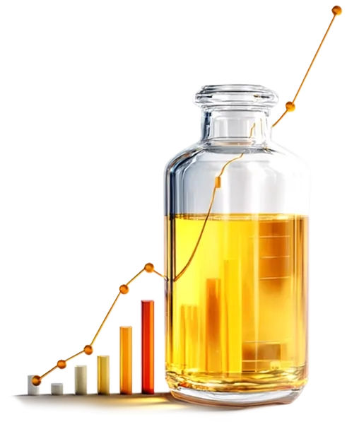 بطری شیشه‌ای حاوی روغن زرد با نمودار رشد صعودی در کنار آن، نماد افزایش تقاضا و توسعه بازار روانکارها در ایران – موتورآرا‌رازین
