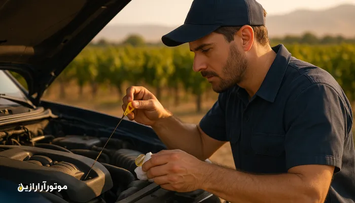 مکانیک تاکستانی در حال بررسی سطح روغن موتور وانت دیزلی در گرمای عصر برداشت. روغن موتور تاکستان