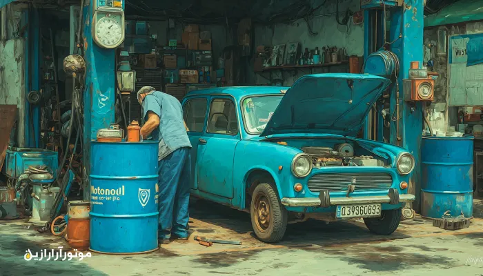 مکانیک در حال بررسی سطح روغن خودرو در تعمیرگاه سیمرغ با بشکه آبی موتورازین – فضای مرطوب شمالی. روغن موتور سیمرغ