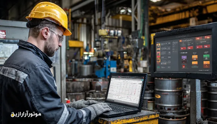 نمایی از مهندس تعمیرات که نمونه‌ای از روانکار صنعتی آلوده را بررسی می‌کند، در حالی‌که هشدارهای دما و ویسکوزیته روی صفحه نمایش داده شده است؛ نشانه‌های خرابی روانکار در محیط صنعتی.