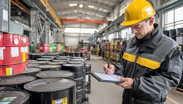مهندس ایمنی با کلاه زرد در حال یادداشت‌برداری از بشکه‌های روغن صنعتی در انبار بزرگ کارخانه
