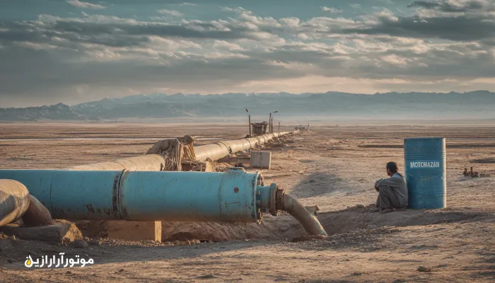 نمای نزدیک از پمپ آب کشاورزی نهبندان با کارگر در حال بررسی سطح روغن و بشکه موتورازین در پس‌زمینه بیابانی.. روغن صنعتی نهبندان