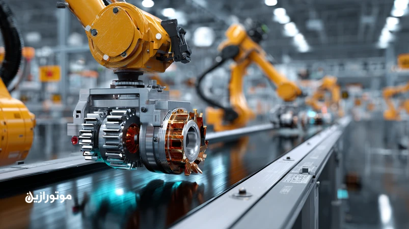 نمای نزدیک از ربات صنعتی، نوار نقاله و گیربکس کاهنده با نمایش نقاط روانکاری در خط مونتاژ خودرو؛ راهنمای روانکاری خطوط مونتاژ موتورازین