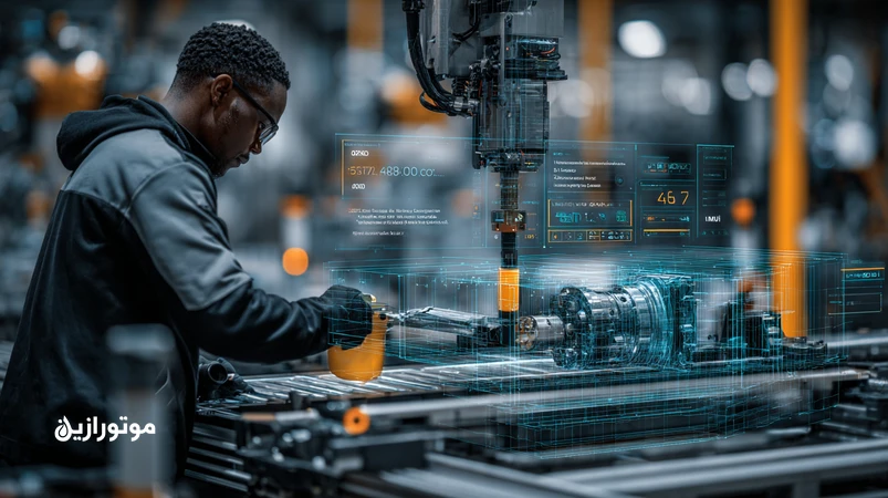 تصویر اتوشاپ با تکنسین در حال نمونهگیری روغن هیدرولیک کنار گیربکس کنوییر، همراه داشبورد KPI و گزارش آنالیز روغن برای چکلیست PM روانکار