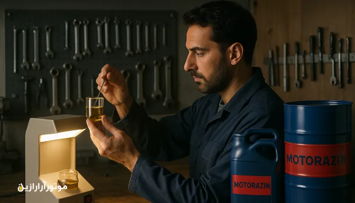 مکانیک در آوج در حال بررسی نمونه روغن موتور در کارگاه کوهستانی با تجهیزات تست ویسکوزیته و لوگوی موتورازین. روغن موتور آوج