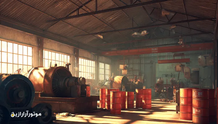 کارخانه صنعتی در اهواز با تجهیزات سنگین و توربین‌های بزرگ، بشکه‌های روغن صنعتی باوی با برچسب ضمانت اصالت در مرکز تصویر، نور طبیعی گرم روی تجهیزات، بافت‌های دقیق فلز و روغن