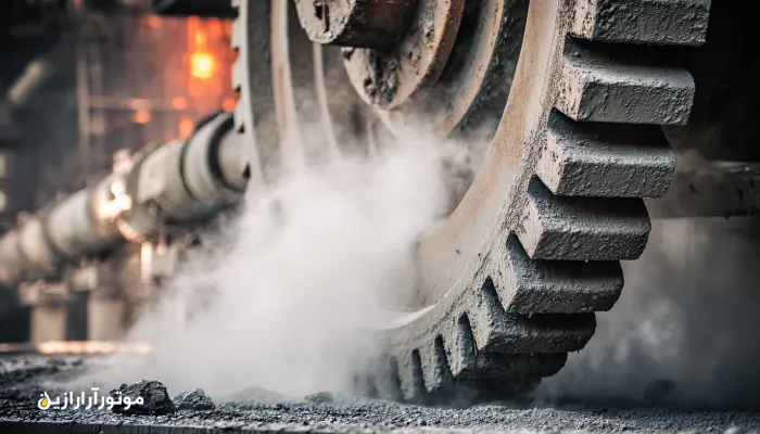 روانکاری دنده باز آسیاب سیمان در بیرجند با اسپری روغن دنده چسبنده و محیط صنعتی غبارآلود. روغن صنعتی بیرجند