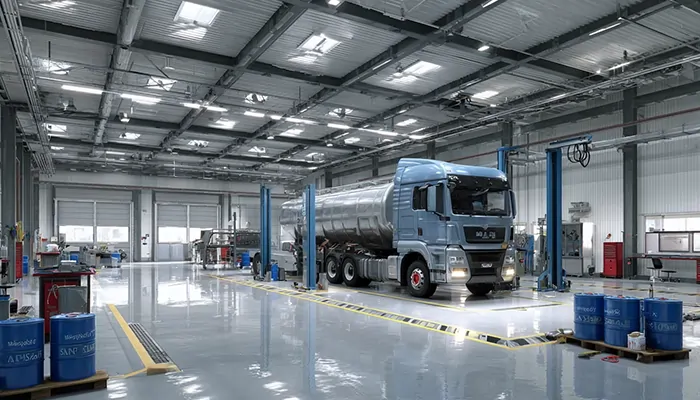 کامیون تانکردار نقره‌ای در سالن بزرگ و مدرن تعمیرگاه صنعتی با کف براق و بشکه‌های روغن در گوشه تصویر