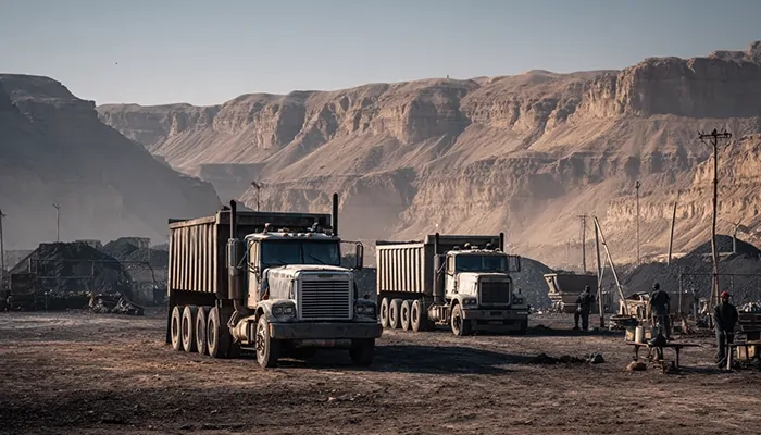کامیون‌های سنگین در محوطه معدن در دل کوه‌های خشک و خاکی با کارگران و تجهیزات معدنی در حال کار