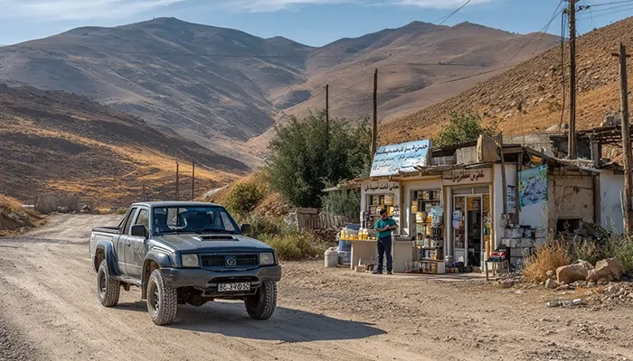 وانت خاکستری در جاده خاکی روستایی در کنار مغازه محلی فروش روغن و قطعات خودرو با پس‌زمینه کوهستانی