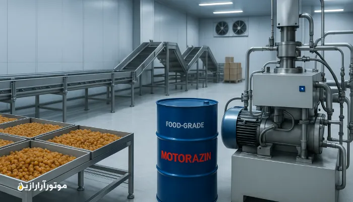 خط بسته‌بندی کشمش و سردخانه در بویین‌زهرا با کمپرسور تبرید و روغن صنعتی Food-Grade موتورازین، نور سفید سرد و محیط استیل تمیز. روغن صنعتی بویین زهرا