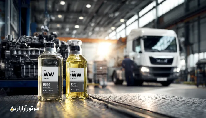 مقایسه تصویری بین دو روغن موتور دیزلی 15W-40 و 10W-30 در کارگاه مدرن سرویس کامیونهای دیزلی،