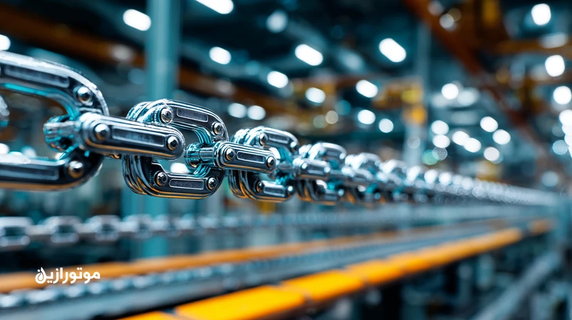 نمای نزدیک زنجیر کانوایر سالن رنگ خودرو با روانکار کمتبخیر ضدلاک و بیبو، بدون چکه و بخارات، محیط تمیز و آماده پخت کوره