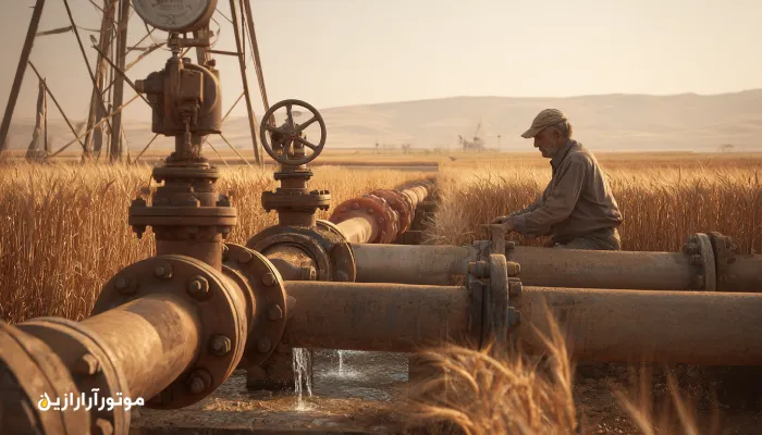 سرویس و روغن‌کاری پمپ آبیاری دره‌شهر با روغن صنعتی تمیز در میان مزارع گندم و ذرت. روغن صنعتی دره‌شهر