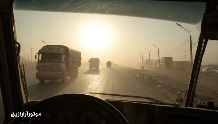 کامیون‌های مسیر دهلران–مهران با تمرکز روی دمای روغن؛ گرمای جاده و گردوغبار ملایم. روغن موتور دهلران
