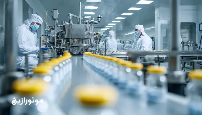 کارخانه داروسازی کرمان با کمپرسور استریل و ویالهای دارو روی نوار تولید