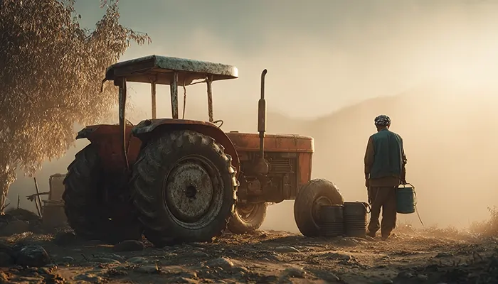 کشاورز در حال آماده‌سازی تراکتور برای کار روزانه در مزرعه هنگام طلوع آفتاب، نمایی از تلاش و سخت‌کوشی روستایی در هوای مه‌آلود