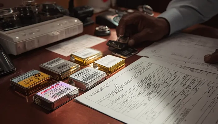 دست کارمند در حال بررسی و مهر زدن مدارک فنی همراه با چند قوطی نمونه روغن صنعتی روی میز اداری