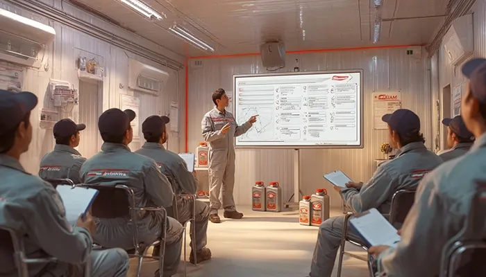 کارشناس آموزش در حال ارائه دستورالعمل فنی روغن موتور به گروهی از کارآموزان در کلاس تخصصی تعمیرگاه