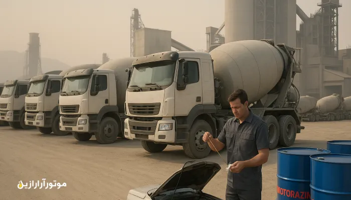 کامیون‌های حمل سیمان در آبیک در حال بررسی سطح روغن موتور با بشکه‌های آبی موتورازین. روغن موتور آبیک