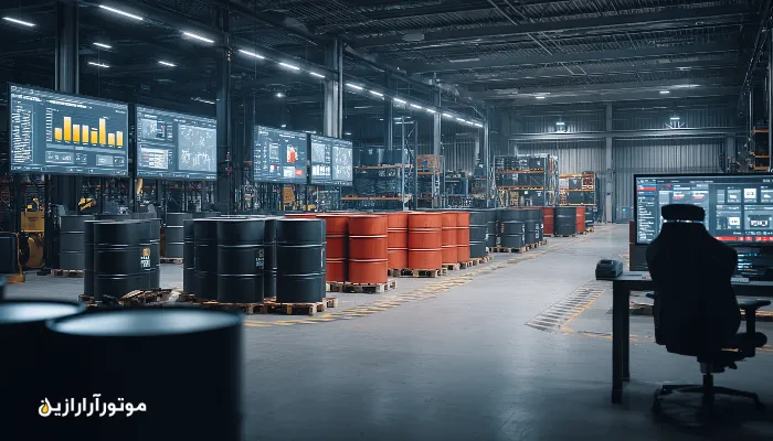 نمایی از مدیریت روانکار ناوگان از انبار تا پایش میدانی؛ شامل انبار بشکههای روغن، سیستم دیجیتال کنترل موجودی و تکنسینی که در محل کیفیت روغن را بررسی میکند.