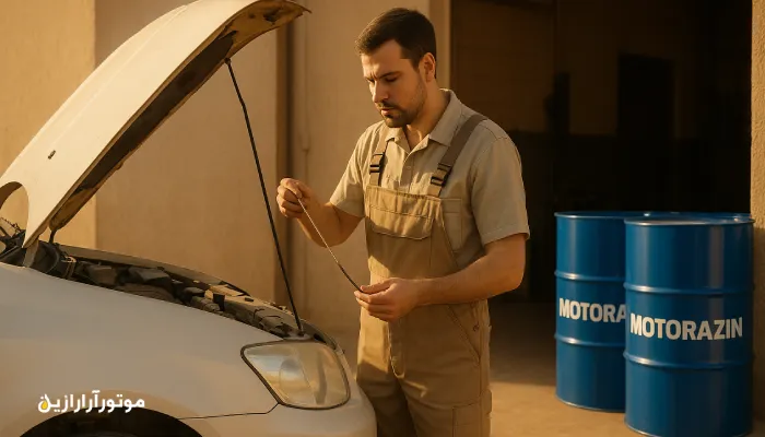 تعمیرگاه خودرو در گرمسار با نور طبیعی و نمای بشکههای روغن موتور موتورازین. روغن موتور گرمسار