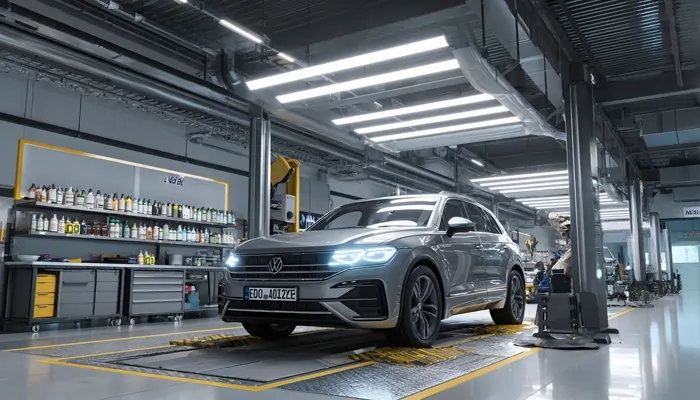 خودروی نقره‌ای در حال انجام سرویس دوره‌ای در تعمیرگاه مدرن با نورپردازی LED و قفسه‌های روغن موتور در پس‌زمینه