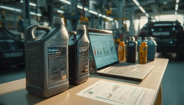 گالن‌های روغن موتور صنعتی کنار لپ‌تاپ باز با نمودارهای تحلیلی و داده‌های فنی در تعمیرگاه خودرو