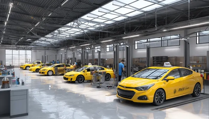 تعمیرگاه بزرگ تاکسی‌های زرد با چند خودروی در حال سرویس و تکنسین‌های مشغول به کار در فضای روشن و مدرن