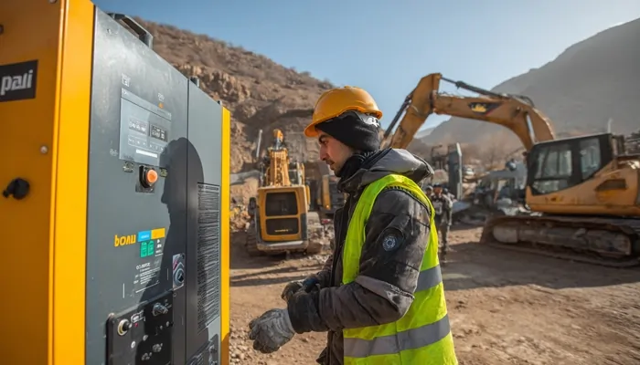 اپراتور با کلاه ایمنی و جلیقه زرد در سایت معدنی در حال کار با دستگاه کمپرسور زرد در میان بیل‌های مکانیکی