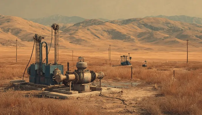 ایستگاه پمپاژ آب کشاورزی در دشت خشک و طلایی با کوه‌های دوردست در پس‌زمینه