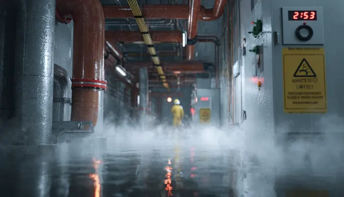 راهروی صنعتی مرطوب با لوله‌های بخار قرمز و کارگر با لباس زرد در محیط ایمن‌سازی‌شده کارخانه