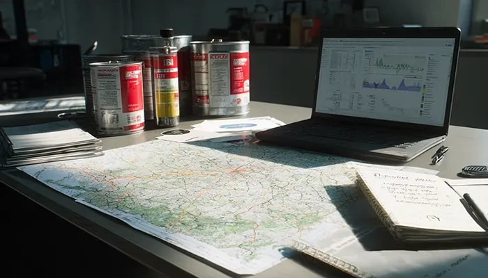 نقشه مسیرهای حمل‌ونقل و بشکه‌های روغن صنعتی همدان روی میز برنامه‌ریزی لجستیک برای توزیع سریع و دقیق روانکارها