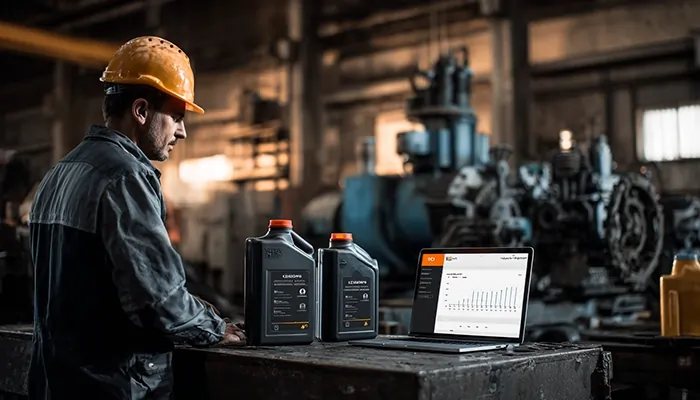 کارشناس فنی در کارخانه همدان در حال بررسی کیفیت و شاخص‌های ویسکوزیته روغن صنعتی همدان با لپ‌تاپ و نمونه‌های آزمایشگاهی