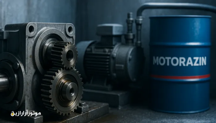 نمای نزدیک از گیربکس صنعتی و واحد هیدرولیک در کارگاه سرد آوج با کانتینر روغن موتورازین. روغن صنعتی آوج