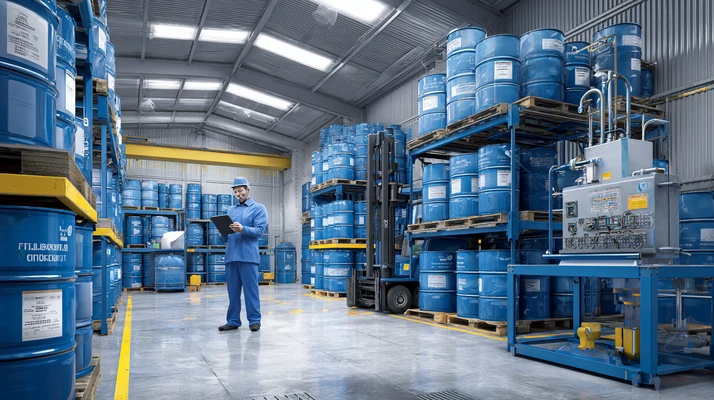 تصویر چکلیست انبار روغن صنعتی با بشکههای تمیز، COA، فیلتر اینلاین و نازلهای رنگبندیشده برای تحویلگیری، انبارداری و صدور بدون آلودگی.انبارداری روغن صنعتی