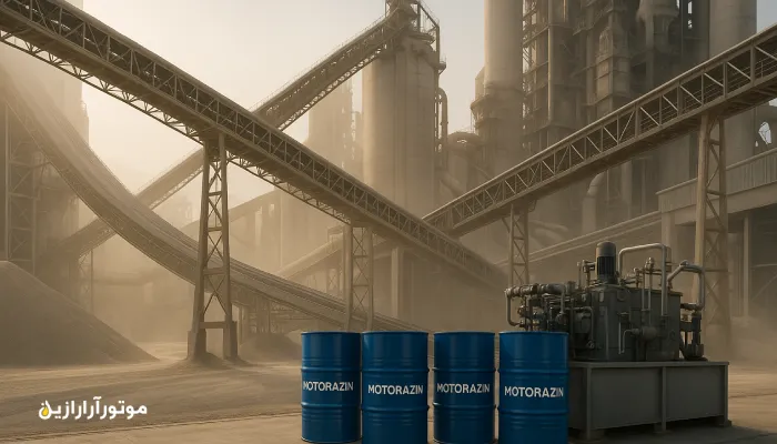 کارخانه سیمان آبیک با نوارنقالههای فعال و بشکههای آبی روغن صنعتی موتورازین، نمایانگر پایداری و عملکرد دقیق در صنایع سنگین قزوین. روغن صنعتی آبیک